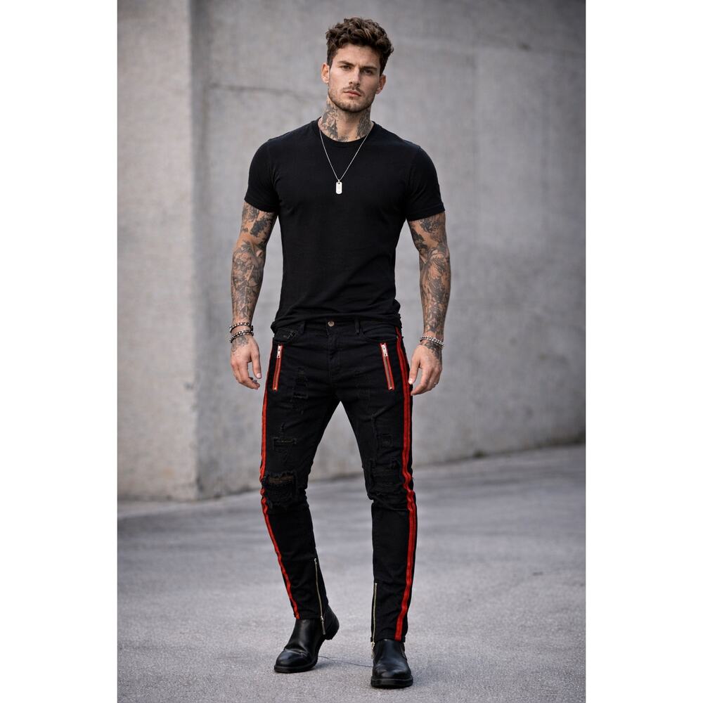 RockStar Original Sushi Mens Jeans Distressed Moto Jeans Black Red 34X31